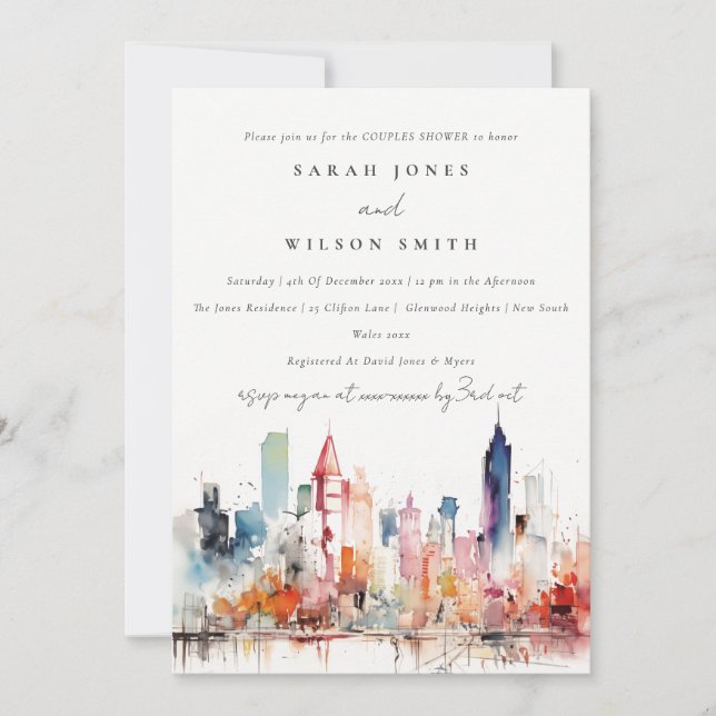 Chicago Illinois Watercolor Scape Couples Shower Invitation (Front)
