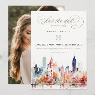 Chicago Illinois Watercolor Scape Photo Wedding Save The Date