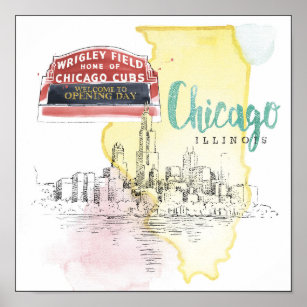 Chicago, Illinois   Watercolor Sketch Image Poster