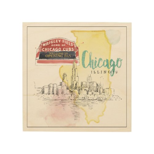 Chicago Illinois  Watercolor Sketch Image Wood Wall Decor