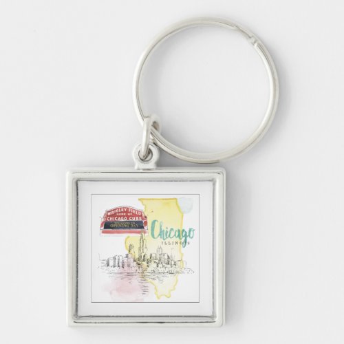 Chicago Illinois  Watercolor Sketch Keychain