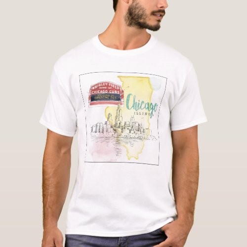 Chicago Illinois  Watercolor Sketch T_Shirt