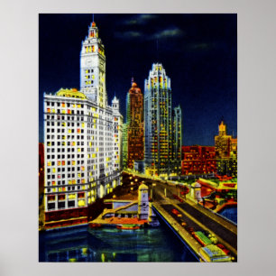 Chicago Illinois Wrigley Buildings by Night Poster
