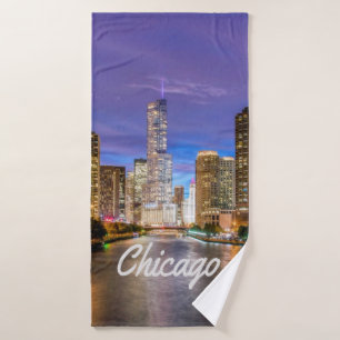 Chicago Illinos City At Night Bath Towel