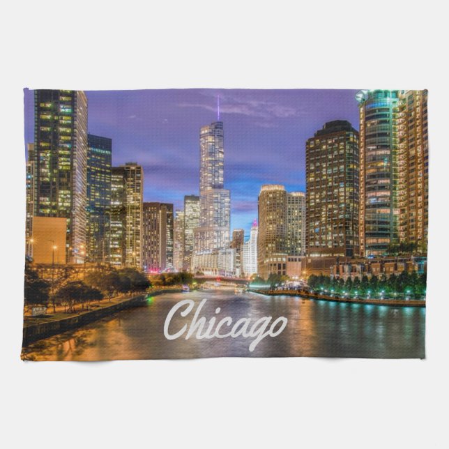 Chicago Illinos City At Night Kitchen Towel (Horizontal)