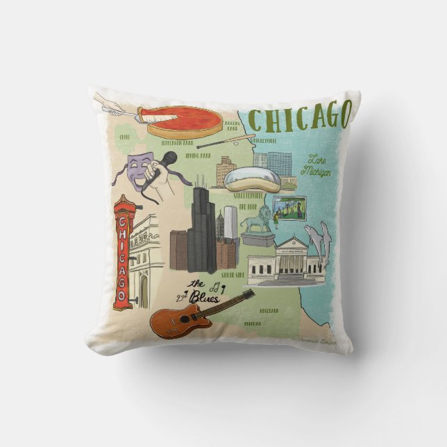 Chicago Illustrated Map Throw Pillow (Front)