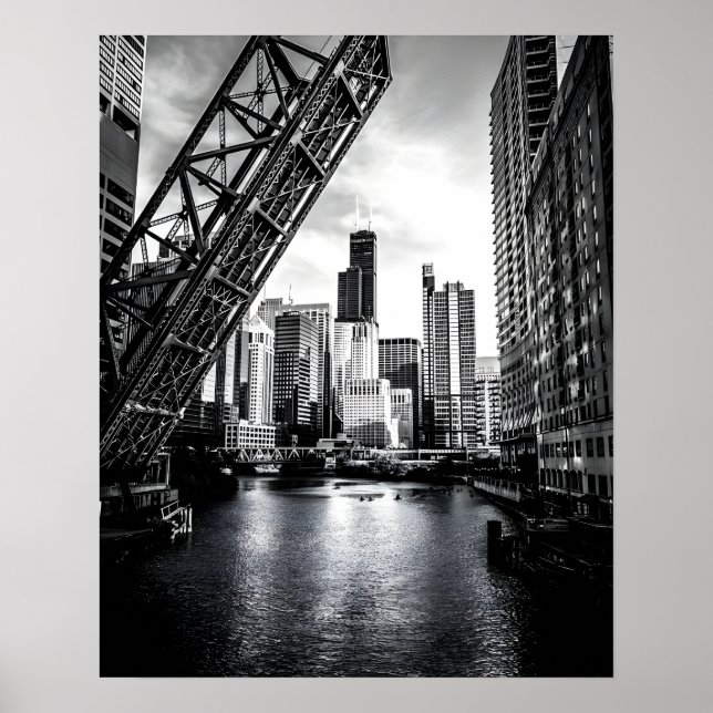 Chicago Kinzie Street Bridge Black and White Poster (Front)