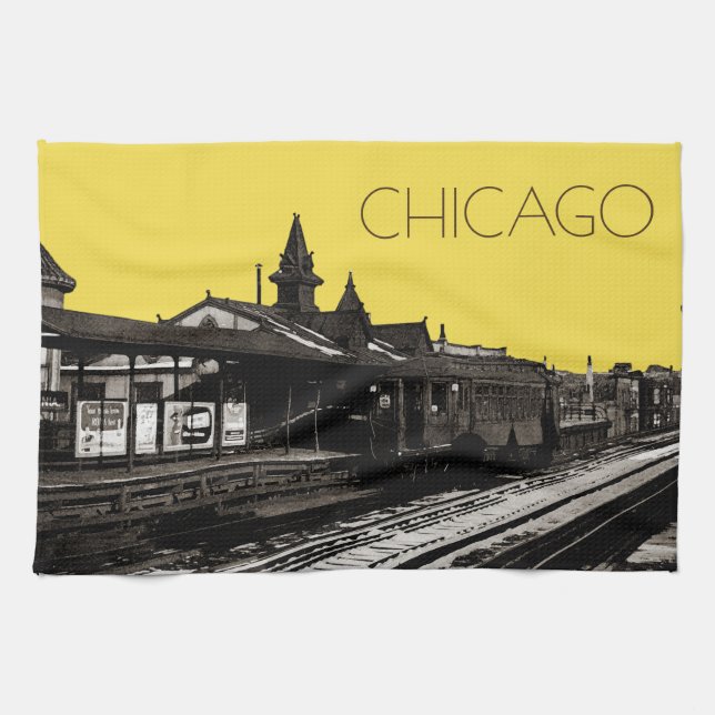 Chicago L 1950 Watercolor Sepia Photograph Subway Towel (Horizontal)