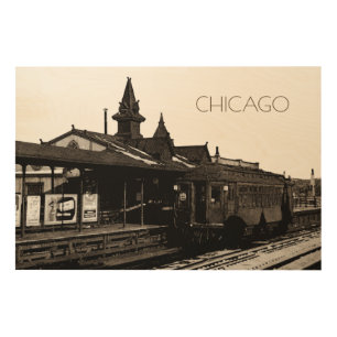 Chicago L 1950 Watercolor Sepia Photograph Subway Wood Wall Decor