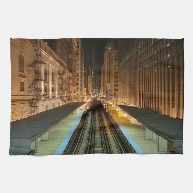 Chicago 'L' Station at Night Kitchen Towel (Horizontal)
