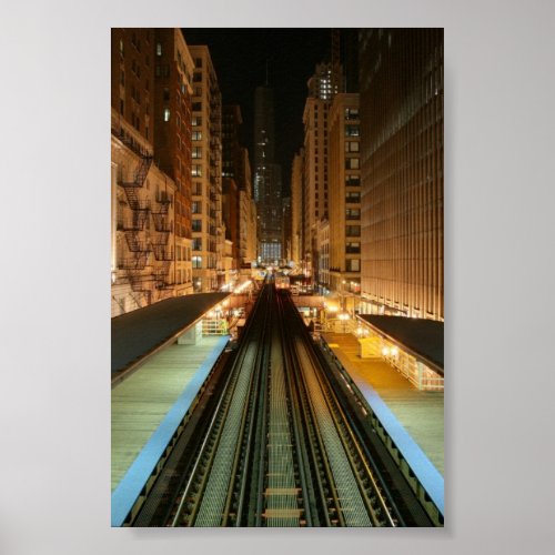 Chicago L Station at Night Poster