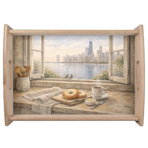 Chicago Lakefront Kitchen Watercolor Serving Tray