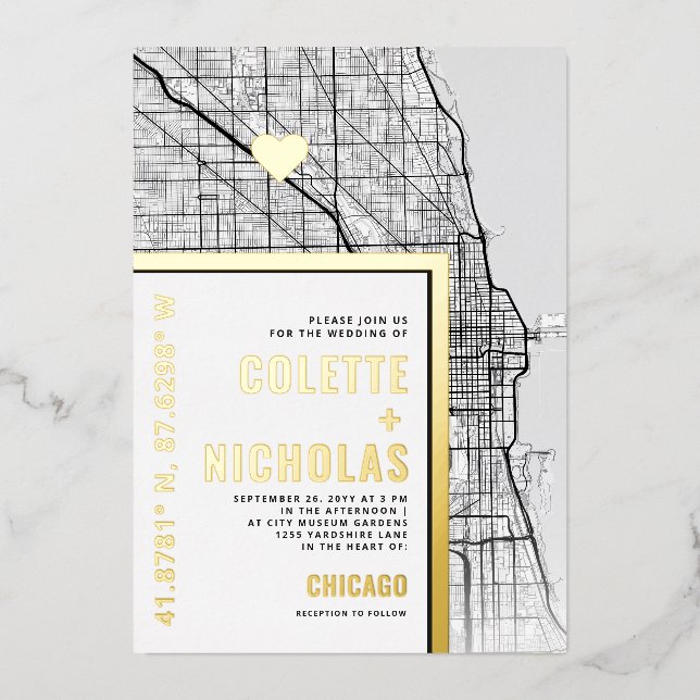 Chicago Love Locator | City Themed Wedding  Foil Invitation (Front)