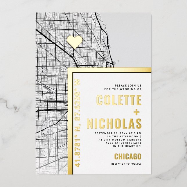 Chicago Love Locator | City Themed Wedding Foil Invitation (Front)