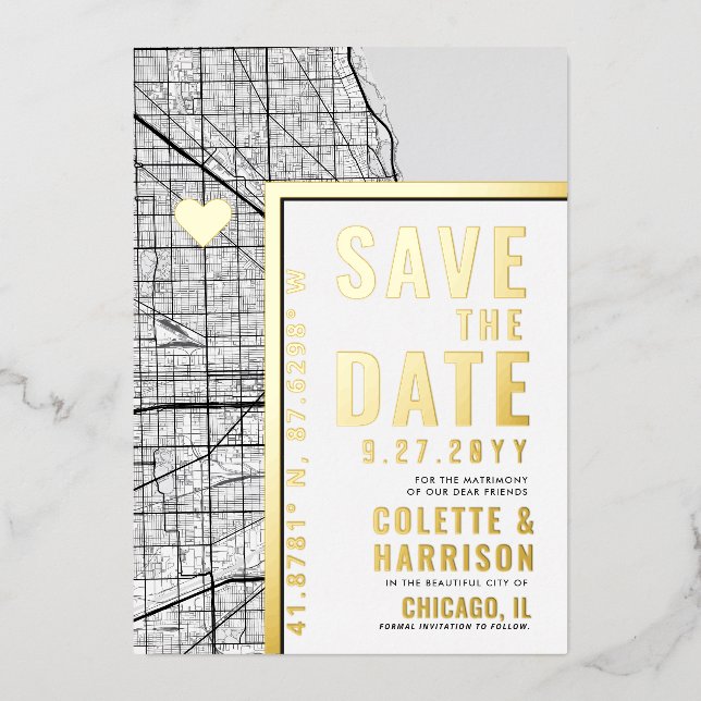 Chicago Love Locator | Wedding Save the Date Foil Invitation (Front)