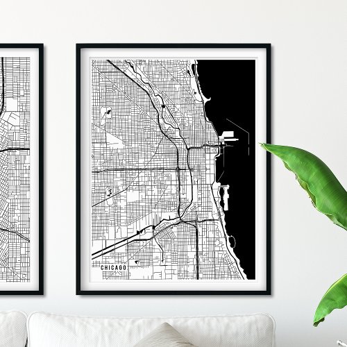 Chicago Map Contemporary Black and White Line Map Poster