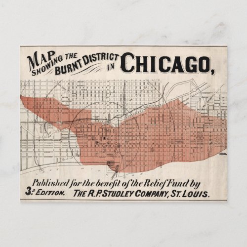 Chicago Map from 1871 after fire Restored Postcard