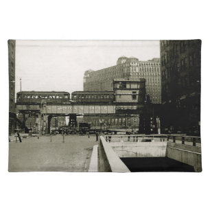 CHICAGO MERCHANDISE MART TROLLEY TRAIN WATERCOLOR CLOTH PLACEMAT