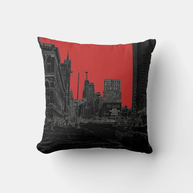 Chicago Michigan Avenue 1960's Glowing Edges Black Throw Pillow (Front)