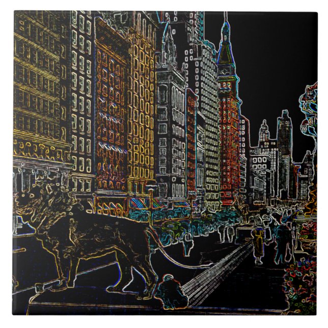 Chicago Michigan Avenue Art Institute Lions Neon Ceramic Tile (Front)