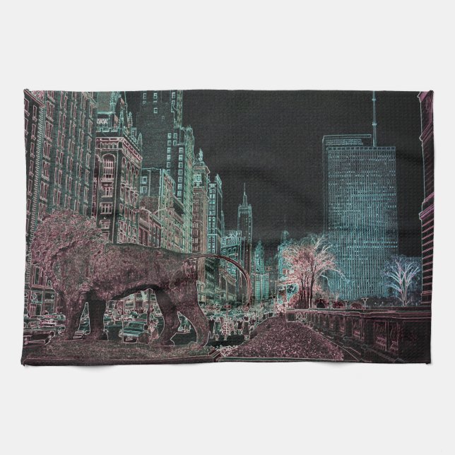 CHICAGO MICHIGAN AVENUE @ ART MUSEUM 1967 NEON KITCHEN TOWEL (Horizontal)