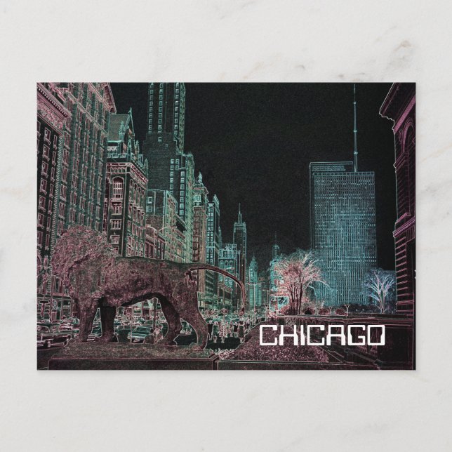 CHICAGO MICHIGAN AVENUE @ ART MUSEUM 1967 NEON POSTCARD (Front)