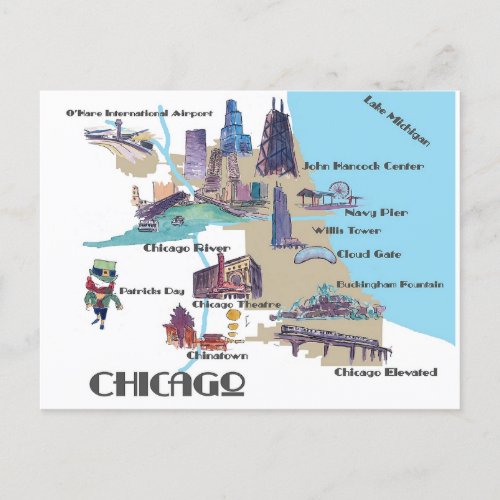 Chicago Michigan map with attractions  Postcard