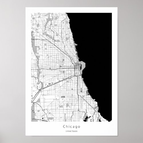 Chicago Modern Minimal Black and White Line Map Poster