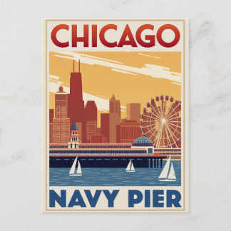 Chicago Navy Pier Skyline Retro Postcard