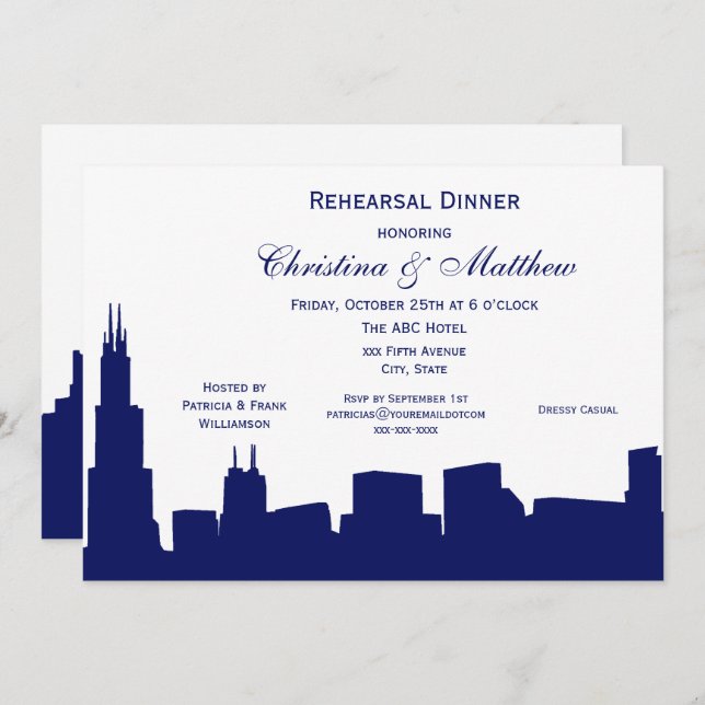 Chicago Navy Skyline Silhouette Rehearsal Dinner Invitation (Front/Back)