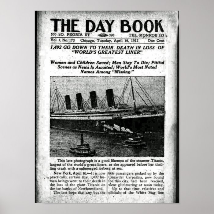 Chicago Newspaper April 16 1912 Titanic Poster