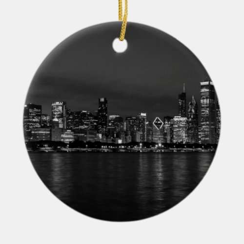 Chicago Night Cityscape Grayscale Ceramic Ornament