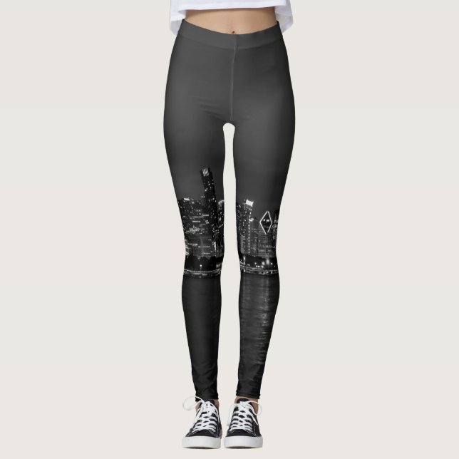 Chicago Night Cityscape Grayscale Leggings (Front)