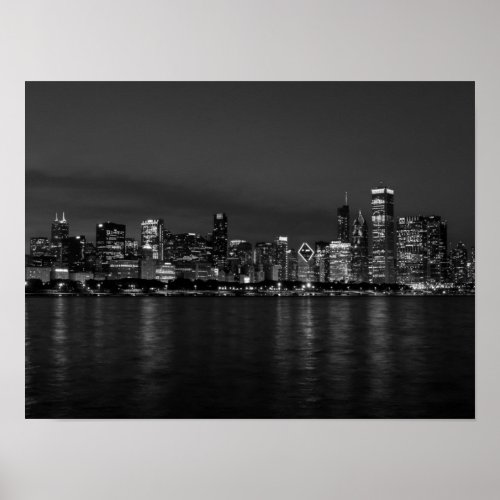 Chicago Night Cityscape Grayscale Poster