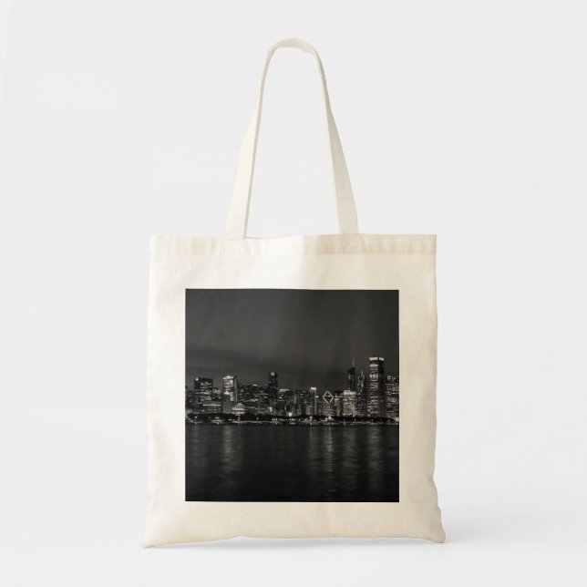 Chicago Night Cityscape Grayscale Tote Bag (Front)