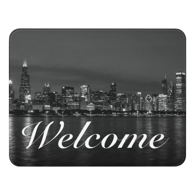 Chicago Night Cityscape Grayscale Welcome  Door Sign (Contemporary Front)