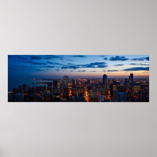 Chicago Night Skyline Panoramic Poster