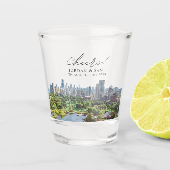 Chicago Photo Wedding Favor Cheers Shot Glass (Front)
