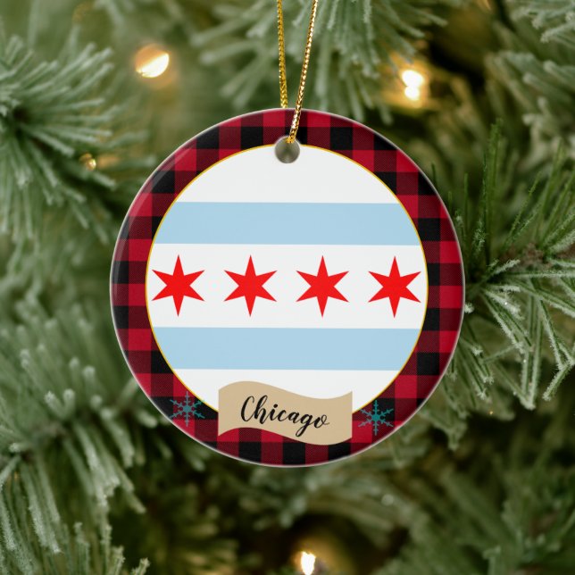 Chicago, Red buffalo plaid & Chicago Flag Ceramic Ornament (Tree)