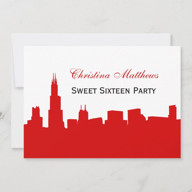Chicago Red Skyline Silhouette Sweet 16 Party Invitation (Back)