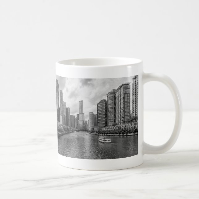 Chicago River And Trump Tower Grayscale Coffee Mug (Right)