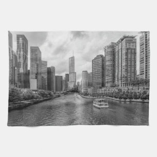 Chicago River And Trump Tower Grayscale Kitchen Towel