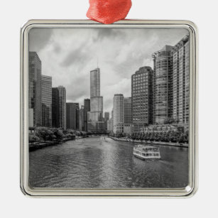 Chicago River And Trump Tower Grayscale Metal Ornament
