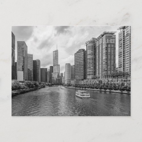 Chicago River And Trump Tower Grayscale Postcard