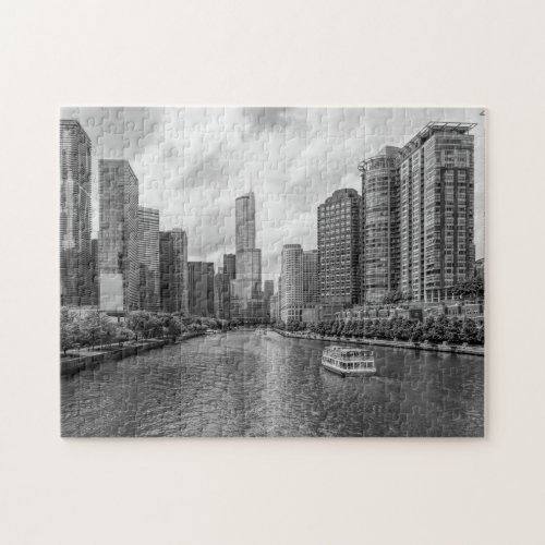 Chicago River And Trump Tower Grayscale Puzzle