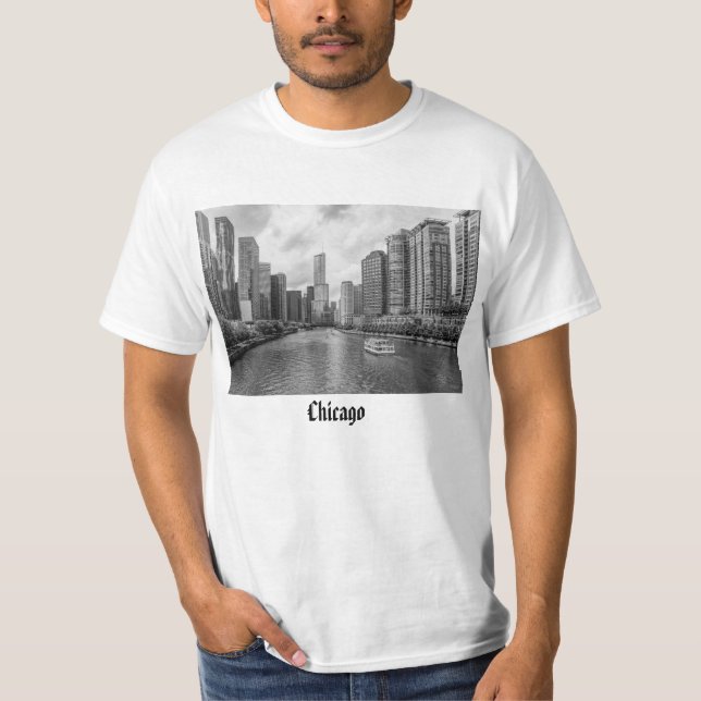 Chicago River And Trump Tower Grayscale T-Shirt (Front)