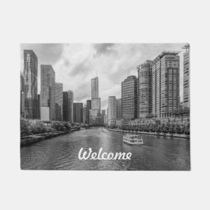 Chicago River And Trump Tower Grayscale Welcome Doormat