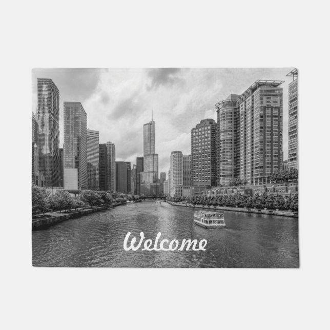 Chicago River And Trump Tower Grayscale Welcome Doormat (Front)