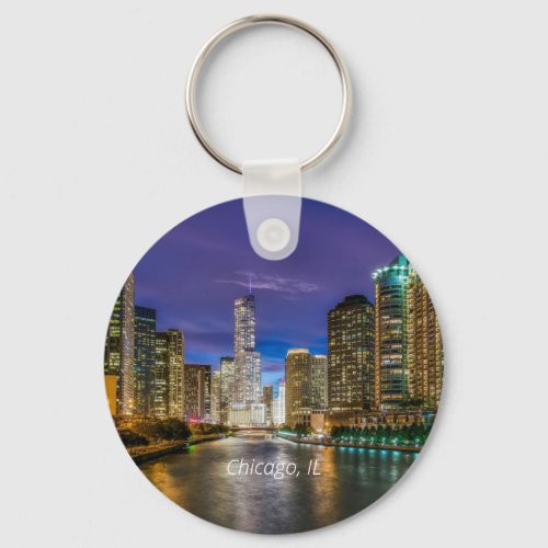 Chicago River at Sunset labeled  Keychain