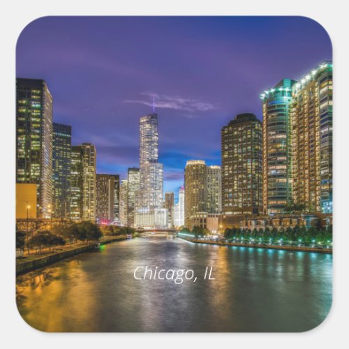 Chicago River at Sunset labeled  Square Sticker